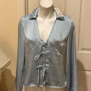 a new day Light Blue Satin Tie-Front Blouse Small. NWT